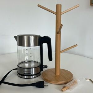Stainless Steel Amazon Basics Electric Kettle with New Bamboo Mug Tree